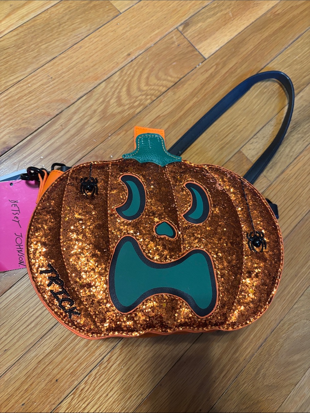 Betsey Johnson Orange Glitter Pumpkin Handbag with Teal Face